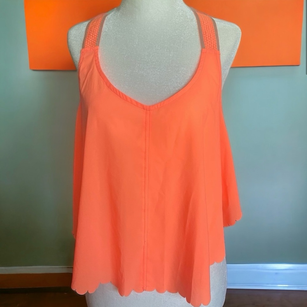 FP Movement Free People Pretty Lil Running Top Size Medium Neon Mango Scallops